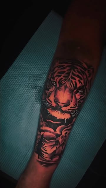Black and grey realistic tiger tattoo on a forearm